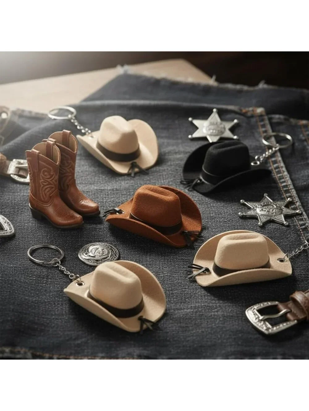 Mini Cowboy Hat Keychain Set - 6 PCS Western Style Tassel Key Rings for Bags